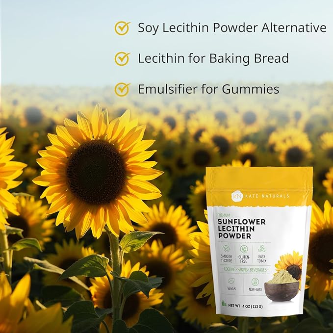 Kate Naturals Sunflower Lecithin Powder for Baking Bread, Gummies, Cooking. Lecithin Supplement for Clogged Milk Ducts. Substitute for Soy Lecithin Powder (4oz, Non-GMO)