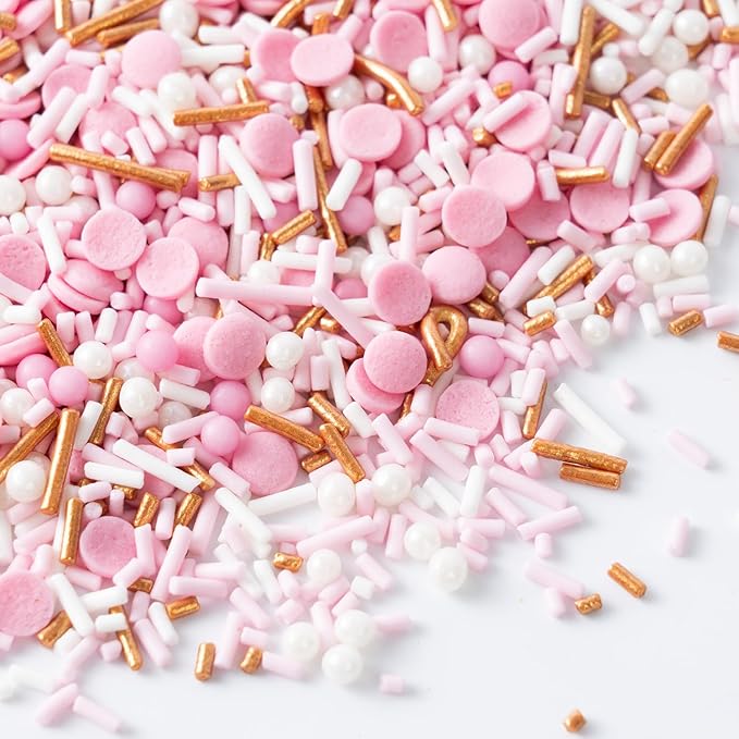 Dye Free Sprinkles Pink No Artificial Dyes Natural Confetti Pearl Sugar Gold Jimmies Sprinkles for Cake Decorations Baby Shower, Cookies, Fondant Cake, Dessert Toppings, 4.2oz