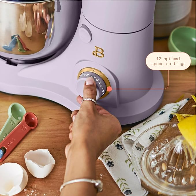 Beautiful 3.5 Qt Tilt-Head Stand Mixer | 12-Speed 300 W Motor | Stainless Bowl Beater, Dough Hook & Whisk by Drew Barrymore (Lavender)