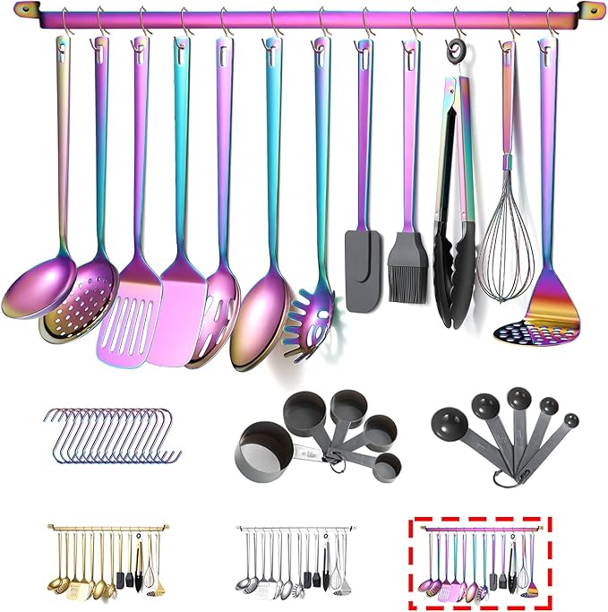 Rainbow Cooking Utensils Set, Kyraton Stainless Steel 37 Pieces Kitchen Utensils Set with Titanium Colorful Plating, Kitchen Tool Gadgets Set with Utensil Rack Heat Resistant Dishwasher Safe