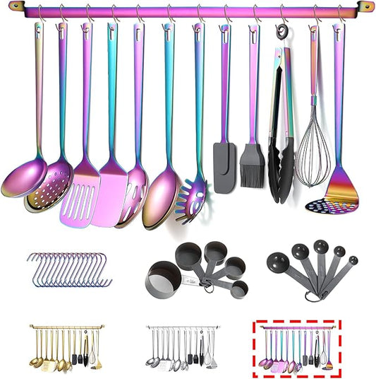 Rainbow Cooking Utensils Set, Kyraton Stainless Steel 37 Pieces Kitchen Utensils Set with Titanium Colorful Plating, Kitchen Tool Gadgets Set with Utensil Rack Heat Resistant Dishwasher Safe