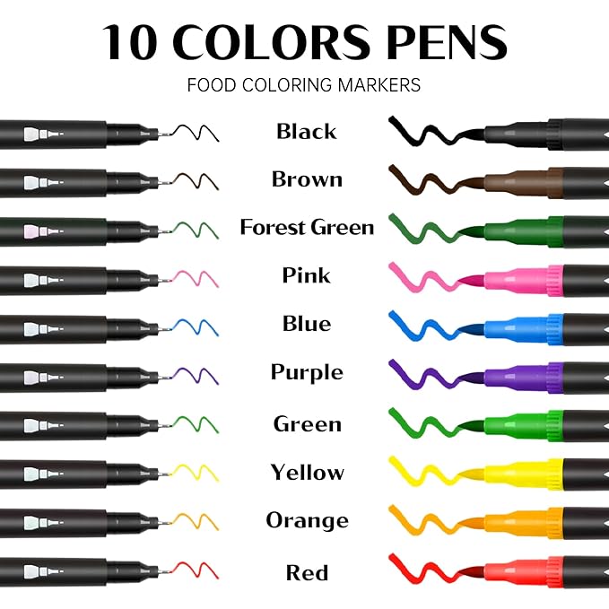 Edible Markers – 10Pcs Double-Sided Food Coloring Pens with Fine & Thick Tips for Cookie Decorating, Fondant, Desserts & Easter Eggs
