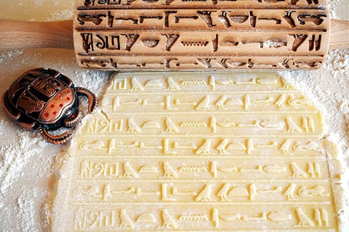 Embossing Rolling Pin EGYPT HIEROGLYPHS. Engraved Wooden Embossed Dough Roller for Embossed Cookies or Clay by Algis Crafts