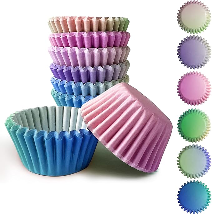qiqee 300PCS Standard Gradient Cupcake Liners Cupcake Cups 6 Designs Blue Pink Gradient Cupcake Papers Baking Cups Cupcake Wrappers (Medium Size)