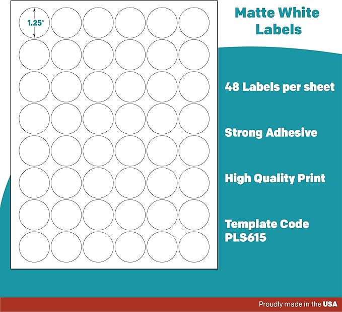 Premium Label Supply White Sticker Round Labels – 1.25" Circle – Laser/Inkjet Compatible – (48 per Sheet), 25 Sheets – 1,200 Total Adhesive Labels