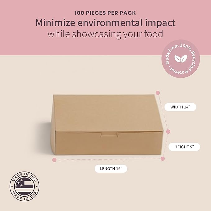 Reversible Bakery Boxes 19 x 14 x 5 in, No Window Lock Corner Sheet Cake and Catering Boxes with Front Tuck Lock & Side Clips, Kraft or White Exterior, Microwavable, 50 Pack
