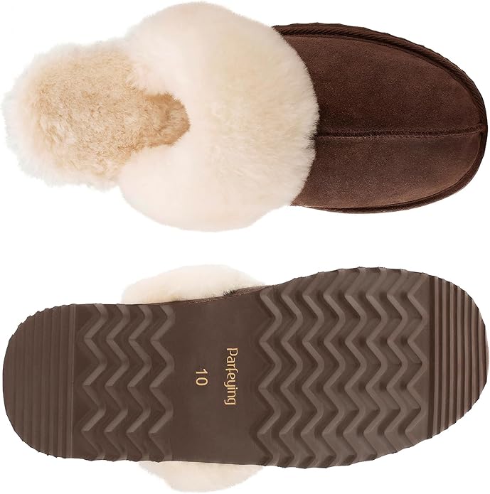 Parfeying Women's Sheepskin House Slippers Indoor Outdoor Shearling Shoes for Women