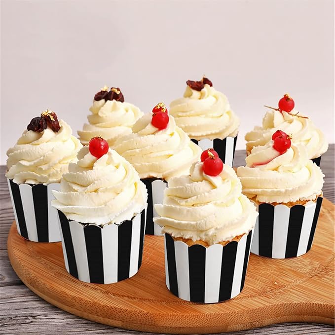 50 Pack Muffin Liners Baking Paper Cups Black and White Stripes Cupcake Liners Elegent Muffins Baking Cups Cupcake Wrappers for Birthday Parties, Weddings, Bottom Dia 2.36 Inch