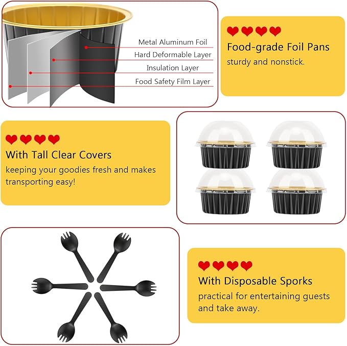 LNYZQUS 5oz Mini Cake Baking Pans with Lids 100 Pack, Disposable Aluminum Cupcake Pan Small Muffin Tins,Mini Foil Baking Cups Containers for Custard Creme Brulee-Black