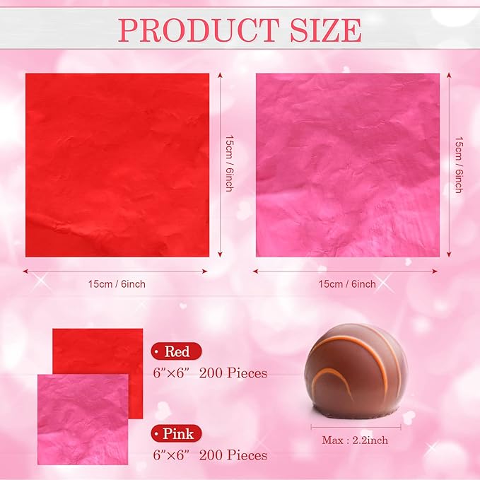 400 Sheets Christmas Foil Chocolate Candy Wrappers Aluminum Tin Foil Wrapping Paper for Packaging Decoration Red Green Wrappers DIY Baking Homemade Food Party Favors 6 x 6 Inches(Red, Pink)