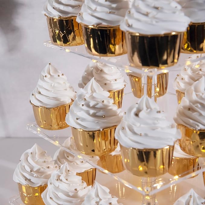 Cupcake Stand, 3-Tier Cupcake Holder with LED light String, Acrylic Cupcake Tower Display-Dessert Tower-Pastry Stand-Cupcake Tier Stand for Wedding, Birthday party ( Yellow Light)