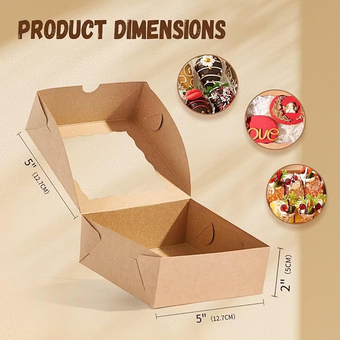 50 Pcs 5x5x2Inches Boxes for Baked Goods Bakery Boxes with Window for Treat, Cake, Cinamon Rool,Cookies,Chocolate Covered Strawberries & 5inch Favor Box Candy Gift Packing