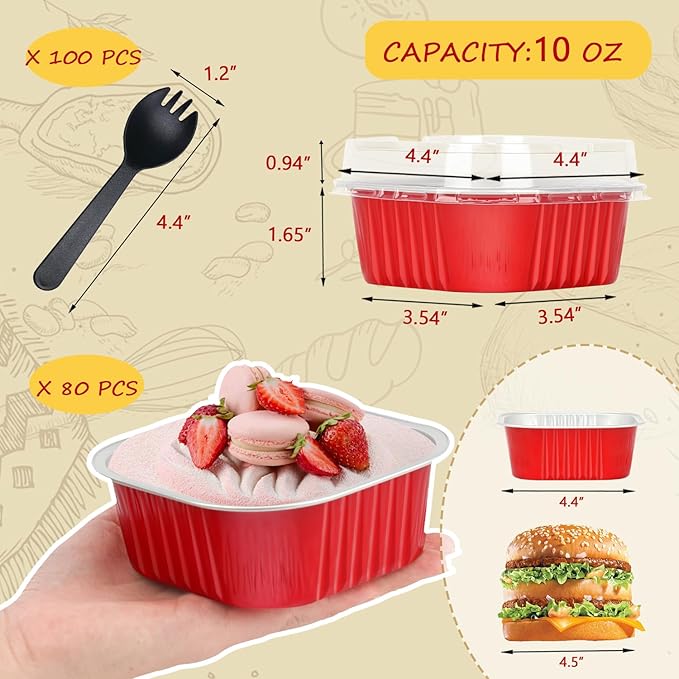 LNYZQUS 10oz/80pack Mini Cake Pans with Lids, 4”X4” Small Cake Pan Foil Brownie Muffin Tins, Square Disposable Baking Cups Dessert Cheesecake Containers for Christmas-Red