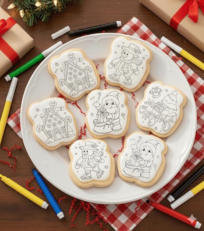 Christmas Cookie Decorating Kit Gift For Kids | 4 Jumbo Cookies + 3 Edible Markers | Holiday Coloring Activity