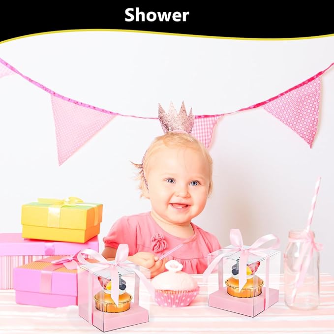 EUSOAR Plastic Clear Cupcake Holder, 24pcs 3.5 Inch Pink Single Cupcake Carrier with Ribbon and Inserts, Cupcake Carrier Storage for Cake Dessert Cupcake Boxes for Wedding Birthday Party Favor