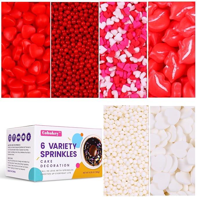 Heart Sprinkles Valentines Edible Sprinkle Mix Red White Heart Shapes Nonpareils Pastel Sprinkles for Cake Decorations Baking Ice Cream Cookies Cupcake Topper 6 Packs