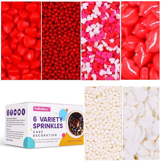 Heart Sprinkles Valentines Edible Sprinkle Mix Red White Heart Shapes Nonpareils Pastel Sprinkles for Cake Decorations Baking Ice Cream Cookies Cupcake Topper 6 Packs