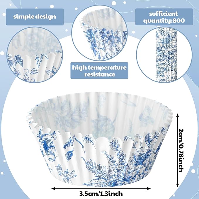 Jetec 800 Pcs Blue and White Flower Cupcake Liners Flower Cupcake Wrappers Grease Proof Blue Muffin Liners Disposable Papers Baking Cups for Baking Weddings Party (1.38 x 0.79 inch)