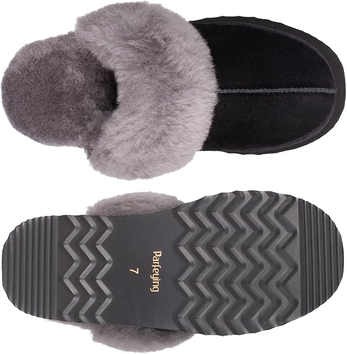 Parfeying Women's Sheepskin House Slippers Indoor Outdoor Shearling Shoes for Women