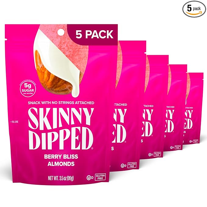 SkinnyDipped Berry Bliss Yogurt Covered Almonds, Healthy Snack, Plant Protein, Gluten Free, 3.5oz Resealable Bag, Pack of 5