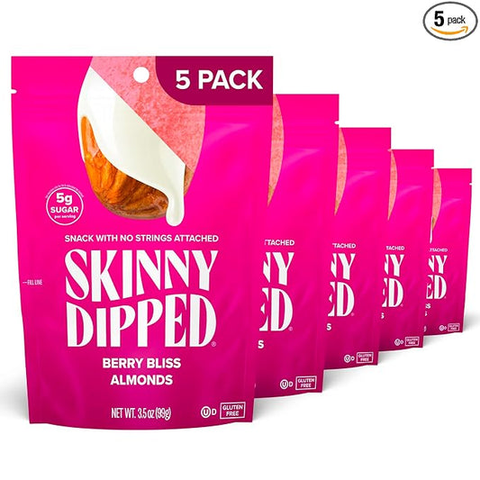 SkinnyDipped Berry Bliss Yogurt Covered Almonds, Healthy Snack, Plant Protein, Gluten Free, 3.5oz Resealable Bag, Pack of 5