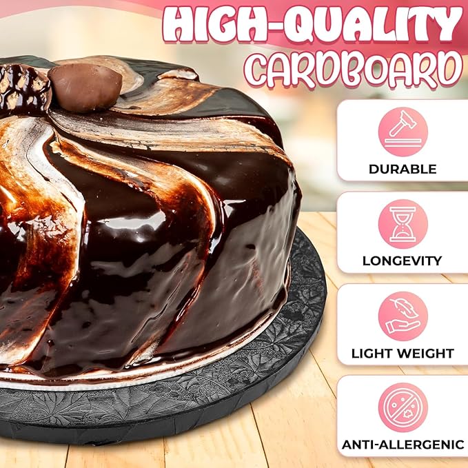 12 Inch Cake Drum - Black Round 12 Inch Cake Boards for Holiday Dessert Presentation, Grease and Moisture Resistant, Thick Durable Material with Fancy Pattern, Great for Christmas Parties & Birthdays