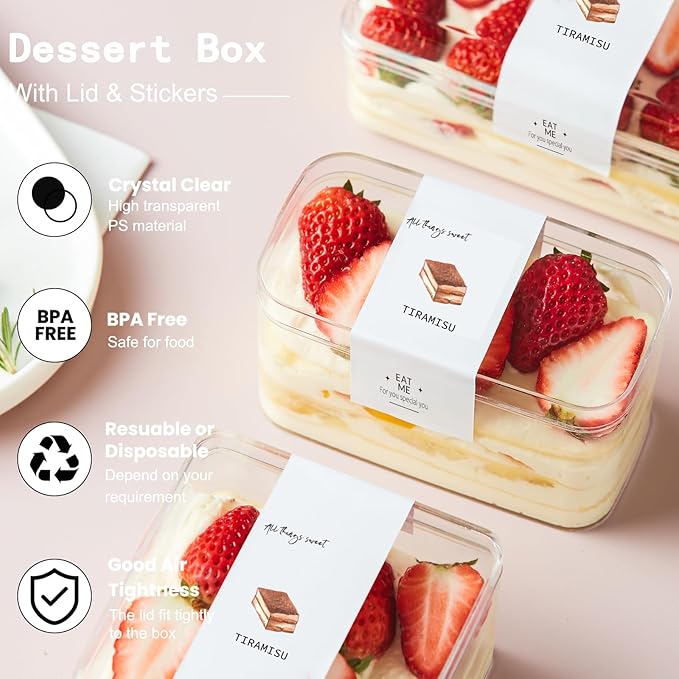Plastic Rectangle Dessert Cups Boxes with Lids and Sporks,packaging for baked,Cookie Tiramisu Containers for Fruit,Pudding,Mousse,Parfait Cups With Lids(8, Rect 4.6*2.4*2.7 IN-Boxes+Sporks+stickers)