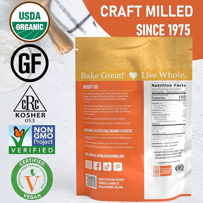 Great River Milling Organic Whole Grain Brown Flaxseed | High-Fiber, Omega-3 Rich Superfood | Gluten Free, Non-GMO, Kosher, USDA Organic | Ideal for Baking, Smoothies & Home Milling | 5 Lb