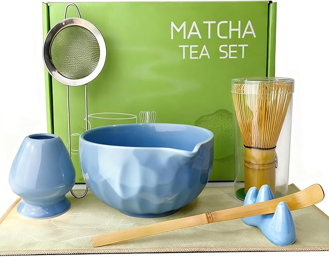 7-Pcs Matcha Whisk Set - Ceramic Matcha Set Includes Bowl,Whisk,Holder,Bamboo Scoop,Scoop Rest,Sifter & Tea Towel – Japanese Traditional Tea Kit for Beginners & Tea Lovers (Blue)