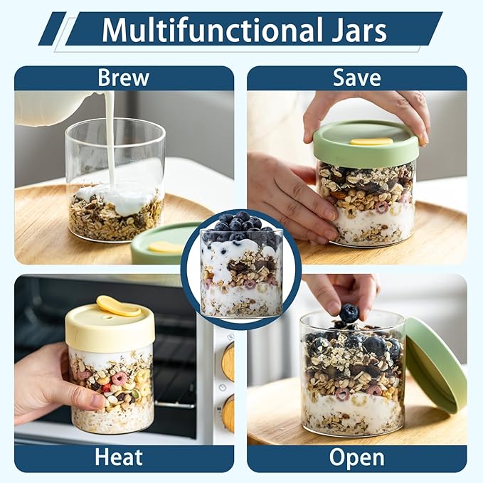 Overnight Oats Containers with Lids, 22oz & 16 oz Glass Jars with Airtight Lids, Wide Mouth Overnight Oats Jar, Salad Meal Prep Jars for Food Storage Yogurt & Cereal (4PCS)