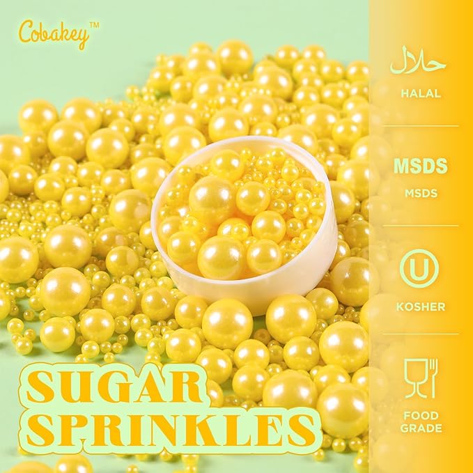 Cobakey Yellow Pearl Sprinkles for Cake Decorations 3.52 ounce Edible Pearl Sugar Sprinkles for Cupcake Toppers Wedding Party Valentines Halloween Christmas Supplies