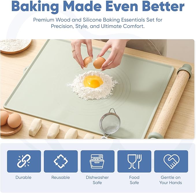 Chef's Path Baking Essentials Set - Adjustable Rolling Pin with 4 Thickness Rings, Reversible Baking Mat, 2-in-1 Silicone Dough Scraper & Wooden Dough Cutter - Food-Safe Baking Tools, Sage Green