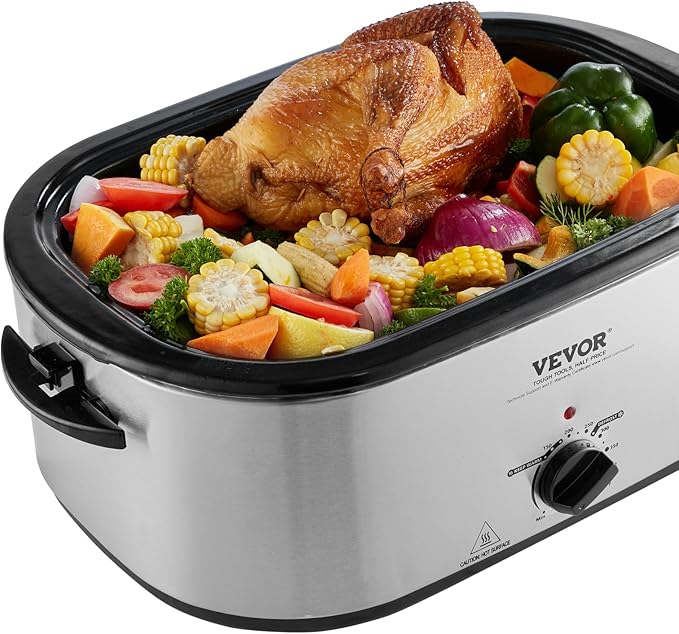 VEVOR Electric Turkey Oven, 26 QT Capacity with Auto-Basting Cover, 1450W, Features Defrost & Keep Warm Settings, Temperature Control, Includes Detachable Pan & Rack, Accommodates Up to 30LBS Turke