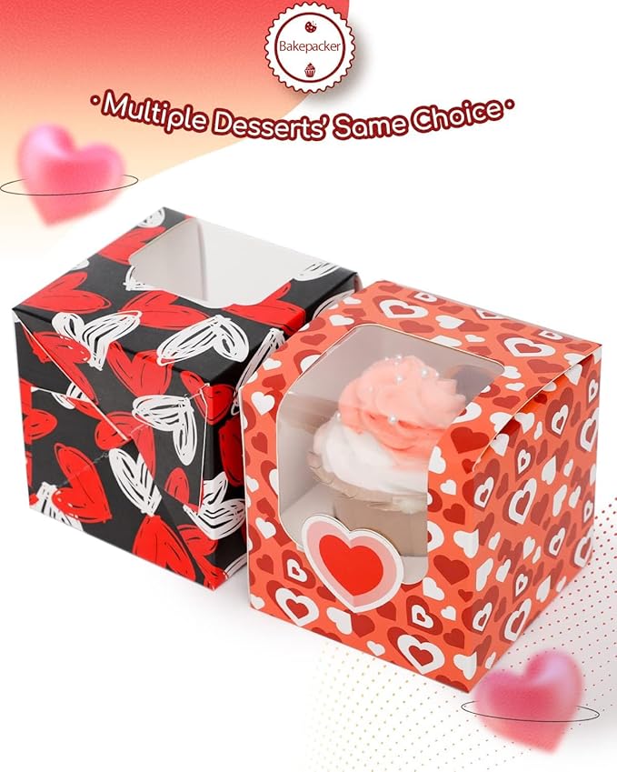 Bakepacker Vanlentine Auto-pop up Cupcake Boxes 30-Packs Vanlentine's Day Individual Cupcake Container 3.5" x 3.5" x 3.5" Single Cupcake Boxes