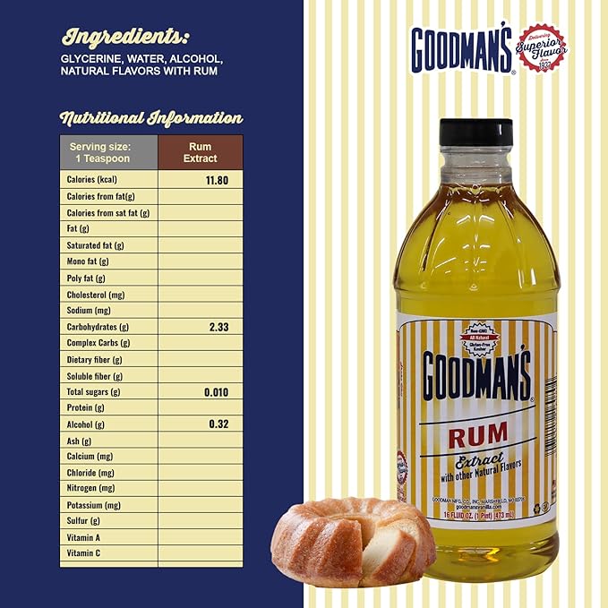 Goodman's Natural Rum Extract - Gluten-free, Non-GMO, Kosher, Low Carb & Low Calorie, Low Alcohol, No Artificial Color, No Animal Products, No Sugar - Rich Flavor for Baking & Mocktails - 1 Pint