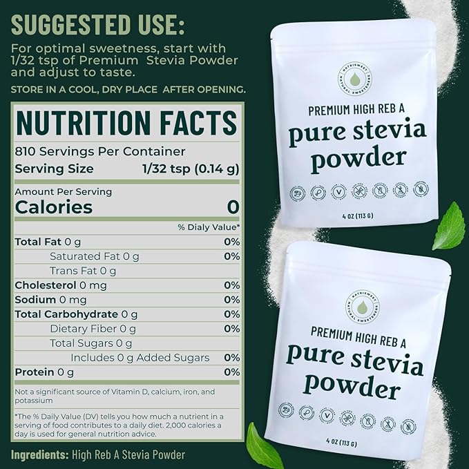 Premium Pure Stevia Powder, Powdered Stevia Extract Natural SteviaPowder for Baking, Zero Calorie Sweetener, No Fillers No Aftertaste, Non-GMO Keto Friendly, 810 Servings 113g