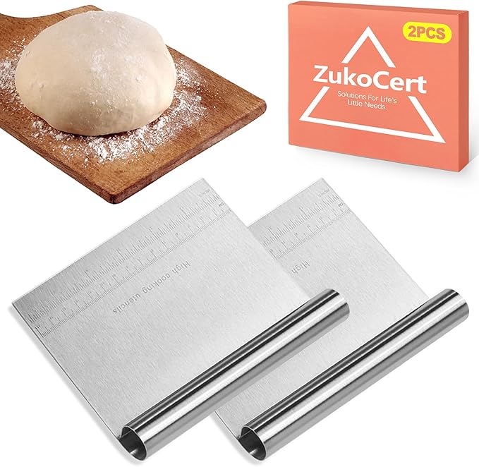 ZukoCert 2-Pack Stainless Steel Bench Scraper – Durable Dough Cutter with Built-In Measuring Ruler (Multipurpose Tool for Pizza, Cake, Baking & Pastry Work, Easy to Clean)