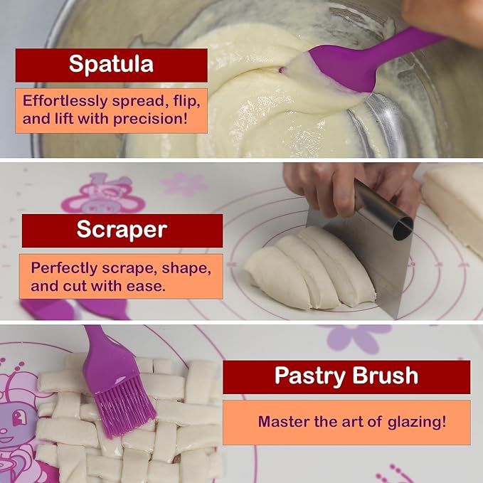 Silicone Baking Mat Set | Extra Large Non-Stick Pastry Mat with Rolling Pin, Dough Cutter, Spatula & Brush | For Cookies, Pie Crust, Pizza, Bread | Easy Clean Baking Kit