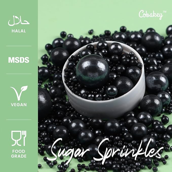Cobakey Black Sprinkles for Cake Decorations 3.52 ounce Pearl Sugar Sprinkles for Cupcake Toppers Wedding Party Valentines Halloween Christmas Supplies