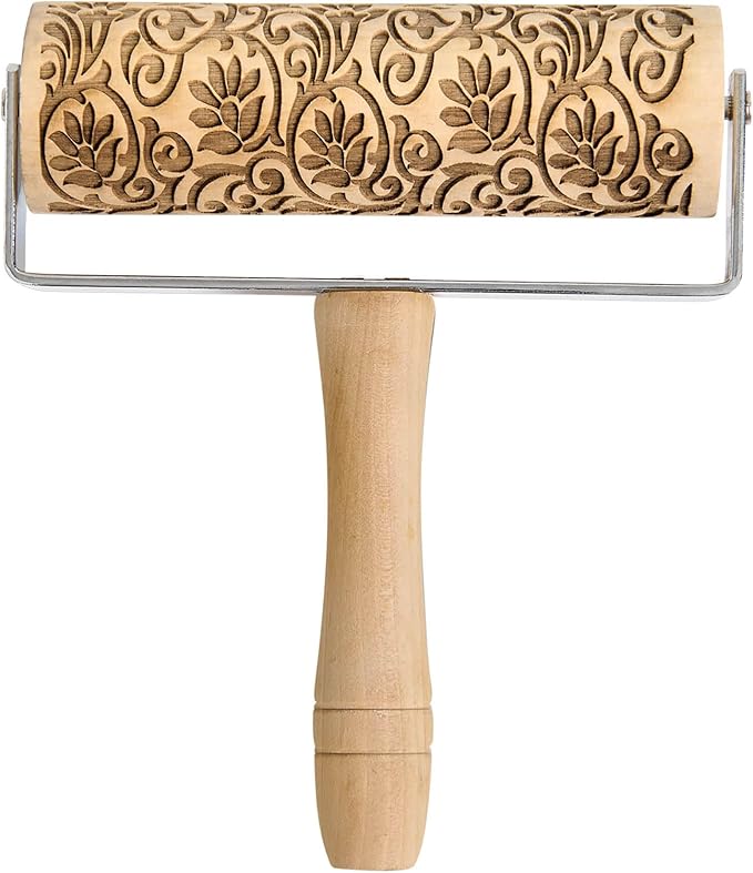 Mrs. Anderson’s Baking Mini Embossing Rolling Pin, Floral Scroll Design, Poplar Wood and Chrome-Plated Iron