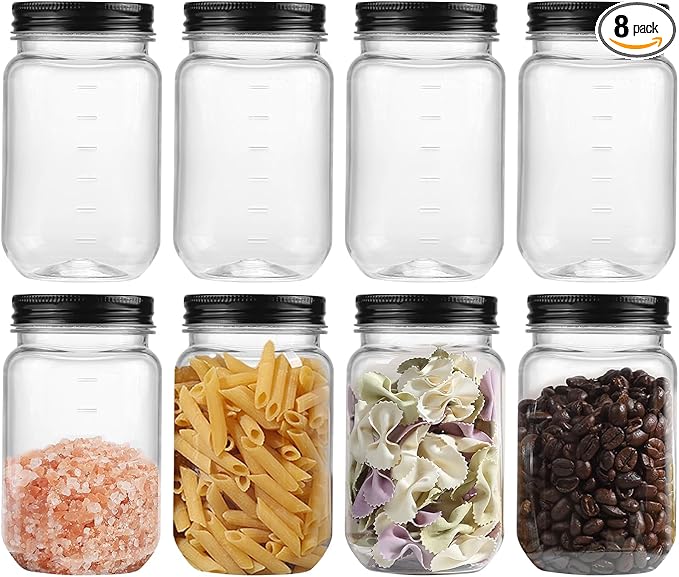 novelinks 16 oz Plastic Jars with Black Lids – 8 Pack Clear Reusable Storage Containers for Food, Pantry, Spices, DIY Crafts – BPA-Free Mason Jars for Kitchen & Household Use