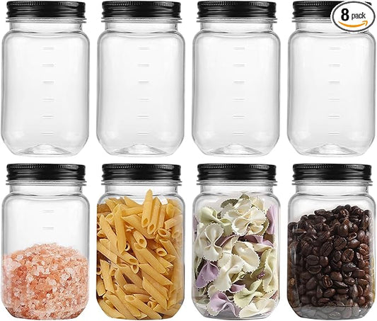 novelinks 16 oz Plastic Jars with Black Lids – 8 Pack Clear Reusable Storage Containers for Food, Pantry, Spices, DIY Crafts – BPA-Free Mason Jars for Kitchen & Household Use