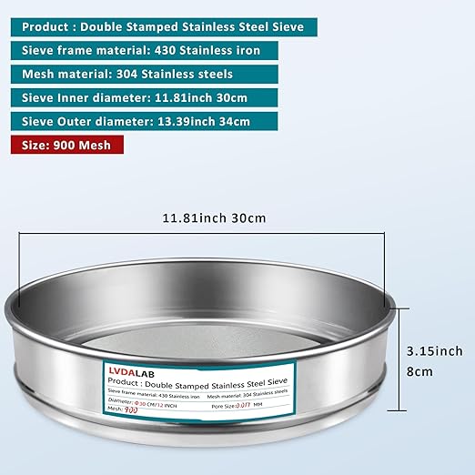 304 Stainless Steel Lab Sieve Screen Mesh, 900 Mesh(0.017mm) Aperture Test Sieve, 12Inch(30cm) Diameter Economy Standard Analysis Sample Test Sieves for Industrial Laboratory Homes