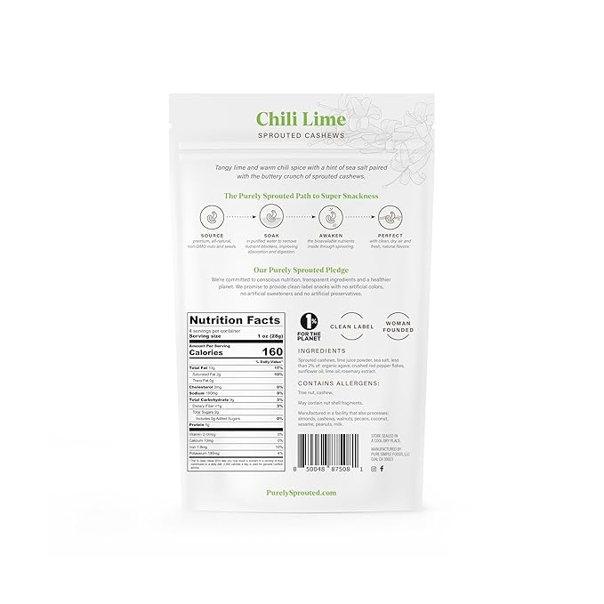 Purely Sprouted Cashews Chili Lime Sea Salt, Non-GMO Superfood for Healthy, Certified USDA Organic, Gluten-Free Snacking (4 oz, 6 pack)