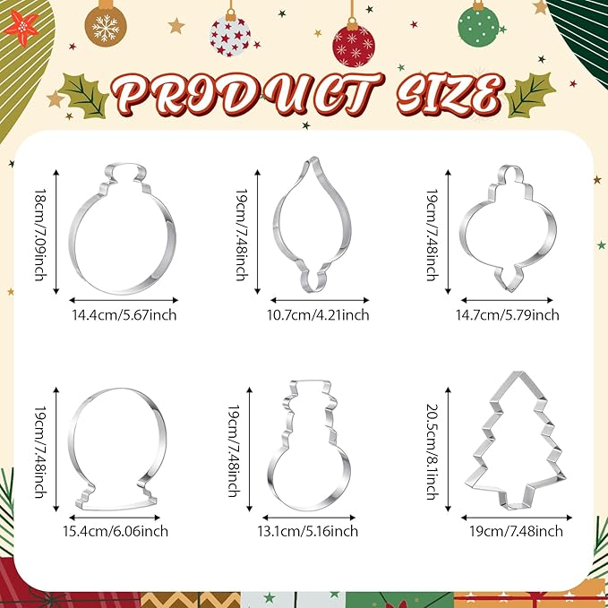 6 Pcs Christmas Large Cookie Cutters 8" Stainless Steel Metal Christmas Baking Cookie Molds for Holiday, Xmas Tree, Ornament, Teardrop Bauble, Finial, Snow Globe, Snowman