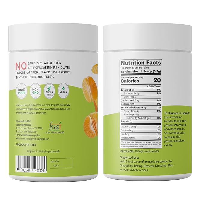 Vegs Orange Fruit Juice Powder - Freeze Dried & 100% Natural Orange Juice Concentrate - Flavoring Powder for Drinks, Smoothies & Baking - Sugar-Free, No Preservatives, Non-Gmo - 6 oz