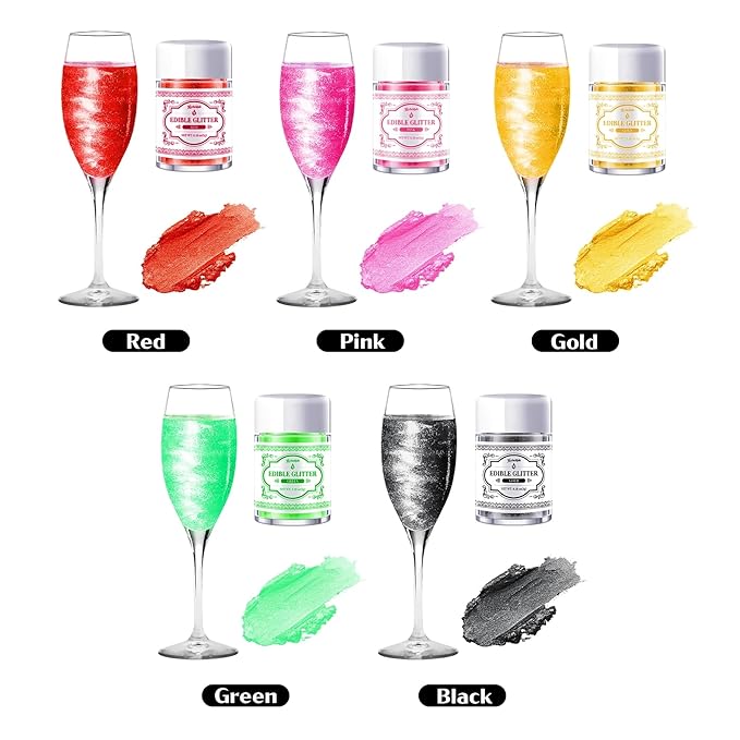 Edible Glitter for Drinks – 5 Colors Luster Dust, Food Grade Cocktail Shimmer Powder for Cakes, Beverages, Chocolate & Candy, 5g/Bottle