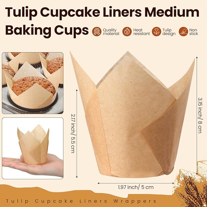 600 Pcs Tulip Cupcake Liners for Baking Muffin Liners Printed Baking Cups Holders Greaseproof Wrappers Decoration for Cupcake Bouquet Birthday Party Wedding Bride Shower (Kraft Paper Color)