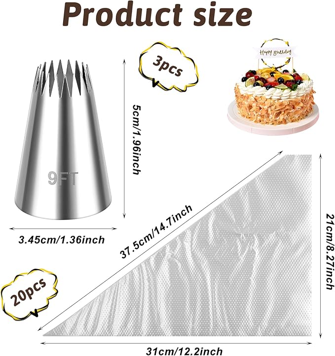 Churro Piping Tips and Bags Set, 3 Pcs Extra Large 9FT Piping Tips with 20 Pcs Disposable Pastry Bags, Stainless Steel Open Star Pastry Tip for Eclair