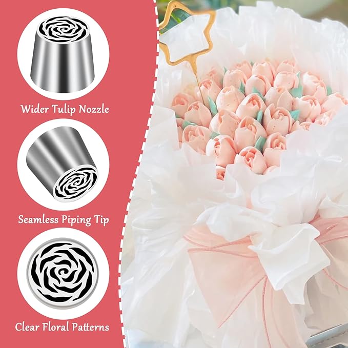 Extra Large Russian Piping Tip Stainless Steel Rose Floral Piping Nozzle Icing Piping Kit for Cake Decorating Flower Frosting Piping Pastry Cupcakes Cakes Cookies Desserts Baking Tool